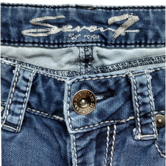 Seven7 Women's Size 10‎ Blue Denim Flare Stretch Jeans Slightly Distressed - Picture 3 of 5